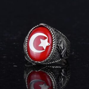 Erkek Ay Yıldız Kartal Yüzük - 925 Ayar Gümüş Yüzük - Hilal ve Yıldız Tasarımı - Türk Ay Yıldız Bayrağı Kartal Tasarım Yüzük (Kırmızı) - Görsel 6