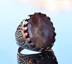Gerçek Doğal Safir Oval Taş Yüzük - Gümüş Erkek Yüzüğü - Görsel 5