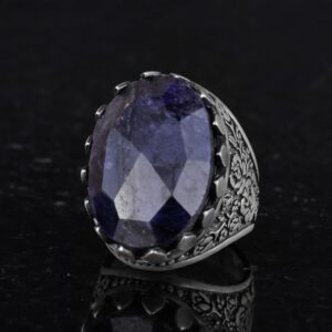 925 Ayar Gümüş Yüzük - Gül Desenli Yüzük - Yapay Taş Yüzük - El Yapımı Yüzük (Yapay Safir) - Görsel 6