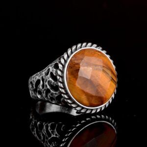 Gerçek Doğal Kaplan Gözü Taşı Yüzük, 925 Ayar Gümüş Erkek Yüzük - Görsel 4