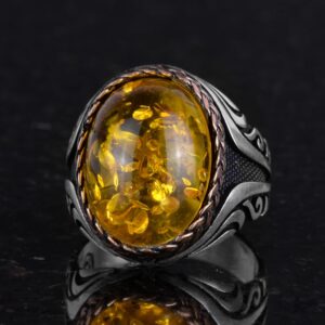 925 Ayar Gümüş Yüzük - Yapay Taş Gümüş Yüzük - El Yapımı Yüzük (Yapay kehribar) - Görsel 6