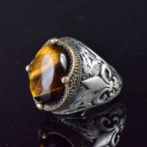 Zambak Desenli Gümüş Yüzük - 925 Ayar Gümüş El Yapımı Erkek Takısı (Kaplan Göz) - Görsel 3