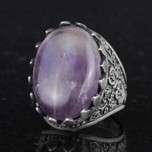 Gerçek Doğal Taş Yüzük - Gül Desenli Yüzük - 925 Ayar Gümüş Yüzük - El Yapımı Büyük Yüzük (Ametist) - Görsel 6