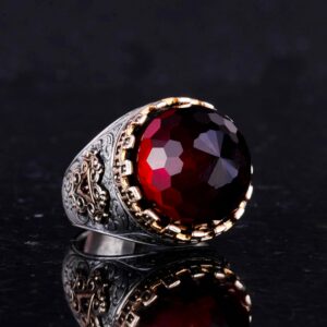 925 Ayar Gümüş Yüzük - Kral Yüzük - Yapay Taş Yüzük - El Yapımı Yüzük Erkekler İçin (Yapay Garnet) - Görsel 5