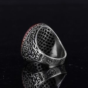 Büyük Yüzük, Doğal Kırmızı Kan Taşı Yüzük, 925 Ayar Sert Gümüş Yüzük, Tasarım Gümüş Erkek Yüzüğü - Görsel 7