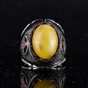 Osmanlı Tuğra Gümüş Yüzük, Doğal Sarı Akik Taşlı Yüzük, 925 Ayar Gümüş Yüzük Erkekler İçin - Görsel 3