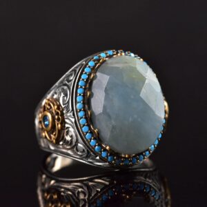 Gerçek Doğal Akvamarin Taş Yüzük, El Yapımı Turkuaz Aksamlar, 925 Ayar Gümüş Erkek Yüzük - Görsel 5