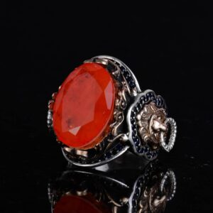 925 Ayar Gümüş Yüzük, Turuncu Paraiba Yapay Taş Yüzük, El Yapımı Aslan Başlı Erkek Yüzüğü - Görsel 5