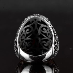 Gerçek Doğal Kan Taşı Yüzük, 925 Ayar Gümüş Erkek Yüzüğü, Bizans Tarzı Büyük Yüzük - Görsel 6