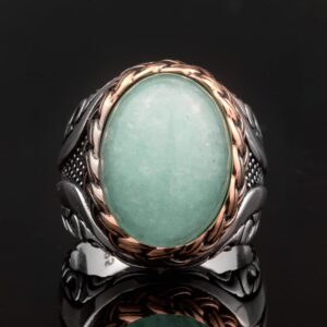 Gerçek Doğal Amazonit Taş Yüzük - 925 Ayar Gümüş Erkek Yüzük - Özgün Takı - Görsel 3