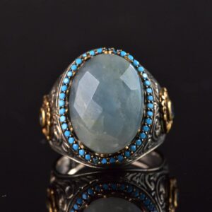 Gerçek Doğal Akvamarin Taş Yüzük, El Yapımı Turkuaz Aksamlar, 925 Ayar Gümüş Erkek Yüzük - Görsel 3