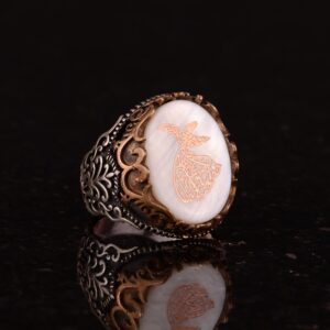 Doğal İnci Taşlı Yüzük, Mevlevi İslami Gümüş Yüzük, 925 Ayar Gümüş Erkek Yüzük - Görsel 4