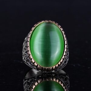 925 Ayar Gümüş Erkek Yüzük, Büyük Yüzük (Açık Yeşil Kedi Gözü Taş) - Görsel 4