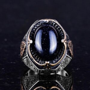 Mavi Güneş Taşı Yapay Taş Yüzük, 925 Ayar Gümüş Erkek Yüzüğü, Şık El Yapımı Gümüş Yüzük - Görsel 4