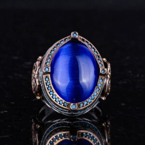 925 Ayar Gümüş Erkek Yüzük, Oluşturulmuş Mavi Kedi Göz Taşı, El Yapımı Vintage Tasarım İfadeli Yüzük - Görsel 4