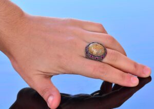 Doğal Altın Rutilat Kuvars ve Yakut Aksesuarlı - 925 Ayar Gümüş Erkek Yüzük - Görsel 6