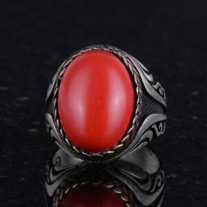925 Ayar Gümüş Yüzük - Yapay Taş Gümüş Yüzük - El Yapımı Yüzük (Yapay kırmızı mercan) - Görsel 6