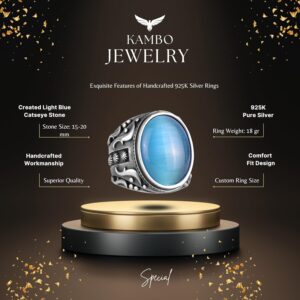 925 Ayar Gümüş Yüzük, Tasarım Gümüş Erkek Yüzüğü (Yapay Açık Mavi Kedi Gözü Taşı) - Görsel 2