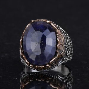 Gerçek Doğal Taş El Yapımı Yüzük - 925 Ayar Gümüş El Yapımı Yüzük - Şık Farklı Yüzük (Mavi Safir) - Görsel 6
