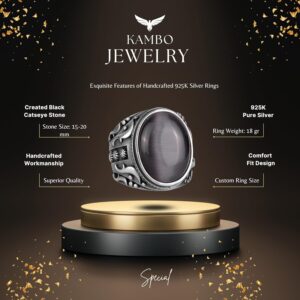 Oluşturulmuş Taş Yüzük, 925 Ayar Gümüş Yüzük, Tasarım Gümüş Erkek Yüzük (Siyah Catseye Oluşturulmuş Taş) - Görsel 2