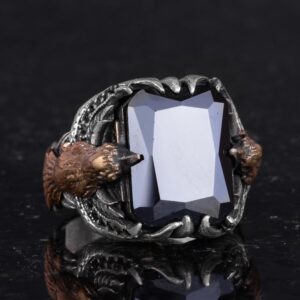 Erkekler için Kartal Sembolü Taş Yüzük, El Yapımı 925 Ayar Gümüş Yüzük - Koruma Sembolü (Oluşturulmuş oniks) - Görsel 5