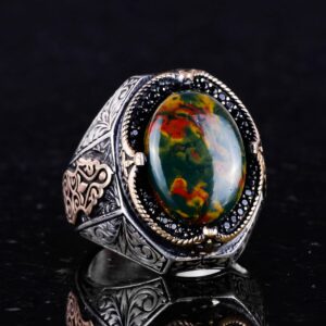 Doğal Yeşil Kan Taşı Taş Yüzük - 925 Ayar Gümüş Yüzük Erkekler İçin, Farklı Yüzük - Görsel 6