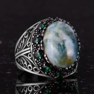 Gerçek Doğal Saman Agat Taş Yüzük - 925 Ayar Gümüş Erkek Takısı - El Yapımı Yüzük - Görsel 5