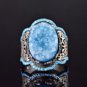 El Yapımı 925 Ayar Gümüş Erkek Yüzük ile Doğal Taş - Kültürel Tasarım (Mavi Drusy Kristali) - Görsel 5