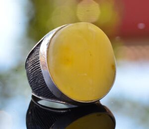 Gerçek Doğal Bal Kehribar Büyük Yuvarlak Taş Yüzük, 925 Ayar Gümüş Erkek Yüzüğü - Görsel 3