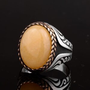 Erkekler için Doğal Sarı Akik Taşlı Yüzük, 925 Ayar Gümüş El Yapımı Vintage Tarzı - Görsel 6