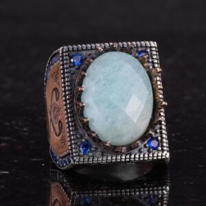 Gerçek Doğal Amazonit Taş Yüzük - 925 Ayar Gümüş İslami Yüzük - El Yapımı Hat Yüzük - Görsel 5