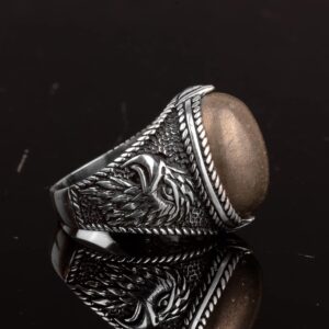 Gerçek Doğal Pirit Taşlı Yüzük, Kartal Yüzüğü, 925 Ayar Gümüş Erkek Yüzüğü - Görsel 4