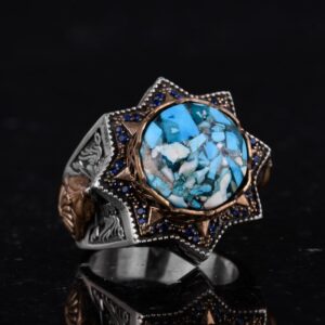 Gerçek Doğal Turkuaz Taşlı Gümüş Erkek Yüzük, Yıldız İlhamlı Tasarım - Görsel 5