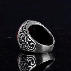 Gerçek Doğal Akik Taşı Yüzük - 925 Ayar Gümüş Erkek Yüzük - Şaman Tasarımı - Görsel 6