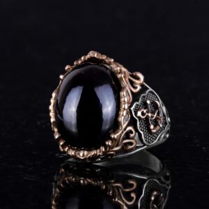 Gerçek Kaplan Gözü Taş Yüzük, Çapa Yüzük, Denizci Erkek Yüzüğü, 925 Ayar Saf Gümüş Yüzük (Granat) - Görsel 3
