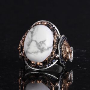 Aslan Yüzük Erkekler için, El Yapımı Howlite Taş Yüzük - Sakinleştirici 925K Katı Gümüş Erkek Yüzük - Farkındalık ve Sükunet Tasarımı - Görsel 5