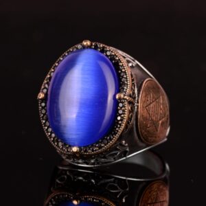 Davud Yıldızı Gümüş Yüzük, Lacivert Kedi Gözü Yapay Taş, 925 Ayar Gümüş Süleyman Yüzüğü - Görsel 6