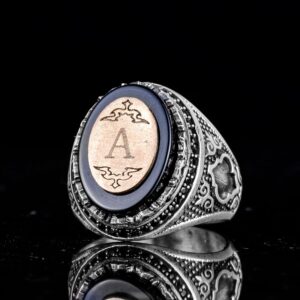 Kişiselleştirilebilir Monogram Oniks Taşlı Yüzük - 925 Ayar Gümüş Kişisel Yüzük Erkekler İçin - Görsel 5