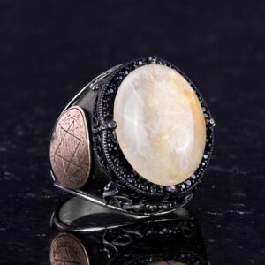 Davud Yıldızı Yüzüğü, Gerçek Doğal Cabochon Altın Rutilli Kuvars Taş Yüzüğü - 925K Katı Gümüş Erkek Yüzüğü - Görsel 5