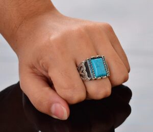 El Yapımı Vintage Turkuaz Yüzük - 925 Ayar Gümüş, Şık Süslü Tasarım, Dayanıklı, Farklı Takı, Mükemmel Uyum - Görsel 7