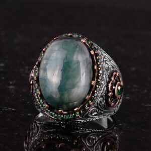 Yapılmış Taş Yüzük - 925 Ayar Gümüş El Yapımı Yüzük - Yapılmış Cabochon Zümrüt Yüzük - Görsel 6