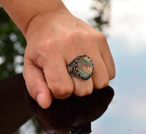 Gerçek Arizona Turkuaz Taşı Yüzük, Ali Yazılı Yüzük, Müslüman Yüzük, 925 Ayar Gümüş Yüzük - Görsel 3