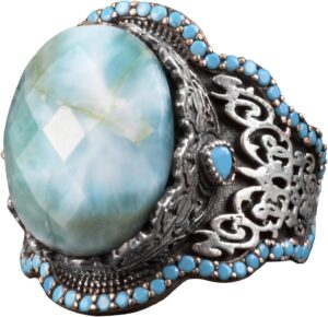 El Yapımı 925 Ayar Gümüş Erkek Yüzük - Doğal Taşlı Tasarım (Larimar) - Görsel 1