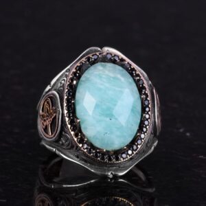925 Ayar Sert Gümüş Erkek Yüzük Doğal Taşlarla - El Yapımı Şıklık (Amazonit Taşı) - Görsel 4