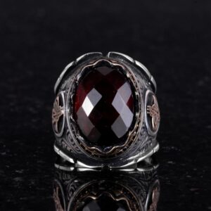 Gerçek Doğal Granat Taşı Yüzük, 925 Ayar Gümüş Yüzük, Osmanlı Tuğra Yüzüğü - Görsel 5