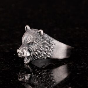 Ayı Başlı Erkek Yüzük - Hayvan Yüzüğü, Kızgın Ayı Başlı Erkek Yüzüğü, 925 Ayar Gümüş Yüzük - Görsel 5