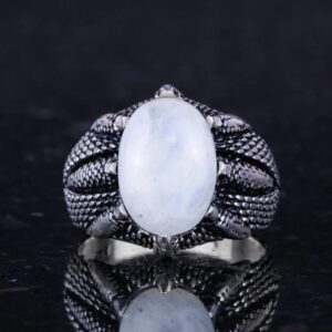 925 Ayar Gümüş Erkek Yüzük, Doğal Taşlı, El Yapımı Vintage Tasarım Pençeli Yüzük (Larimar) - Görsel 4