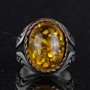 925 Ayar Gümüş Yüzük - Yapay Taş Gümüş Yüzük - El Yapımı Yüzük (Yapay kehribar) - Görsel 4