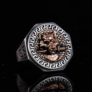 925 Ayar Gümüş Yüzük - Yunan Anahtar Desenli Erkek Yüzüğü - El Yapımı Yüzük (Kurt) - Görsel 5