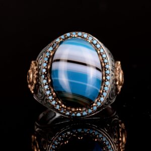 Doğal Mavi Akik Taşı Yüzük, 925 Ayar Gümüş Yüzük, Erkek Yüzüğü - Görsel 5